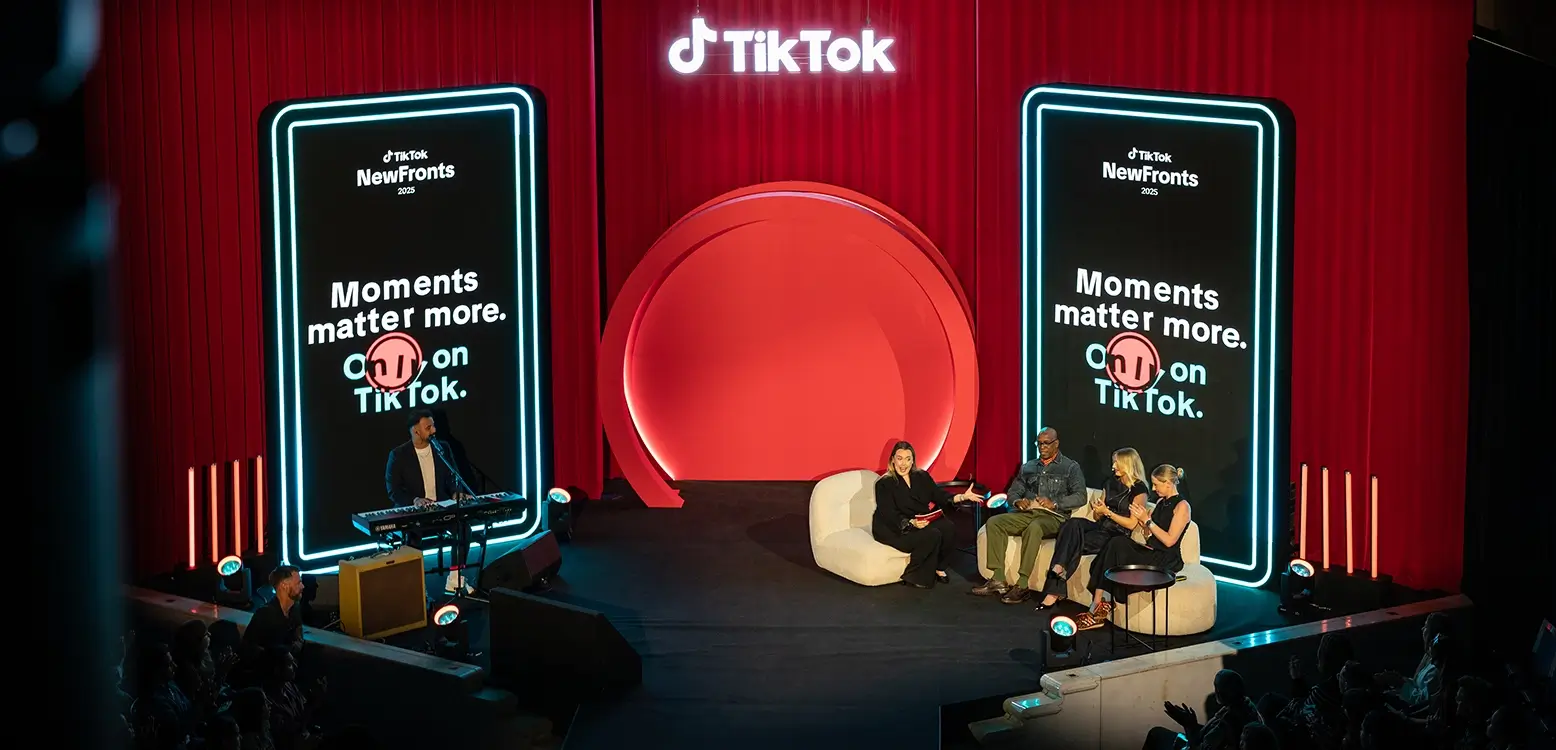TikTok Newfronts event in London 2025. Ian Wright and Chloe Kelly onstage, with AV and technical production services from Insert Productions